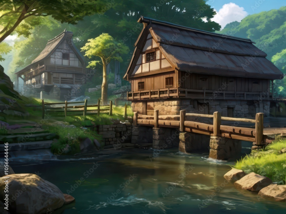 Fototapeta premium Fabulous country morning, quiet countryside, beautiful house by the river with a wooden bridge in a picturesque location