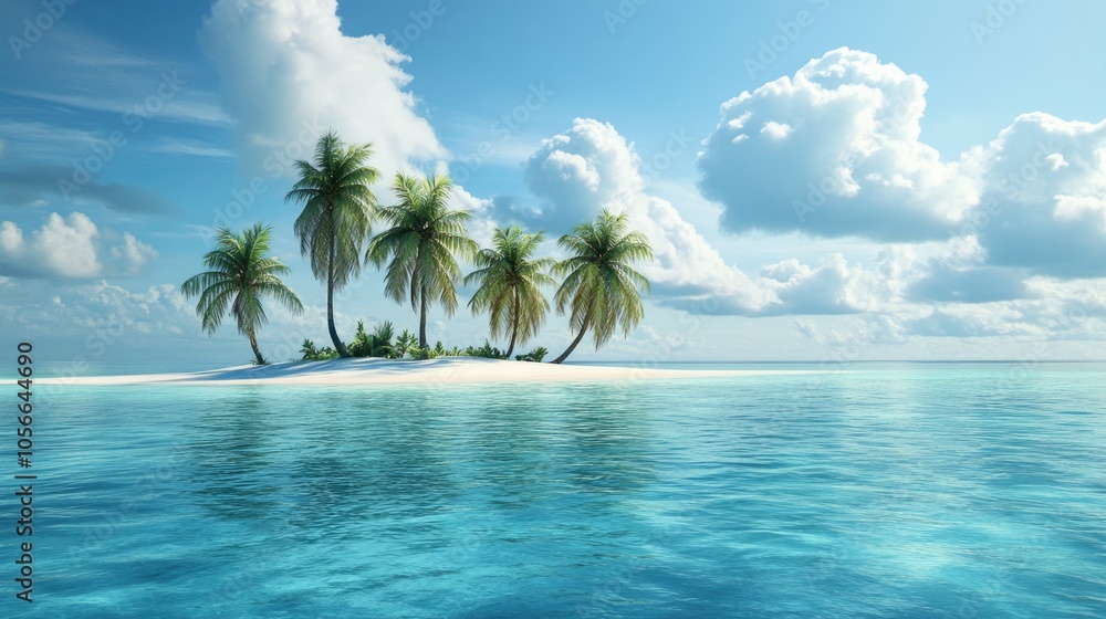Mystical tropical island graphic featuring coconut trees isolated in the ocean surrounded by clear blue waters and a cloudy sky Mystical tropical island graphic featuring coconut trees isolated in the ocean surrounded by clear blue waters and a cloudy sky