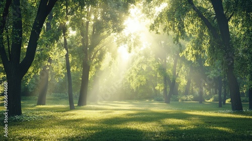 An inspiring environmental poster showcasing sunlight streaming through trees highlighting a serene park atmosphere and the clarity of the air reflecting an ecological theme