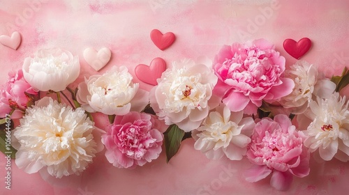 Elegant floral display featuring pink and white peonies alongside heart shapes against a soft pink background