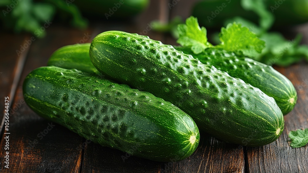 Fresh cucumbers resting on rustic wooden table with leaves Fresh cucumbers resting on rustic wooden table with leaves