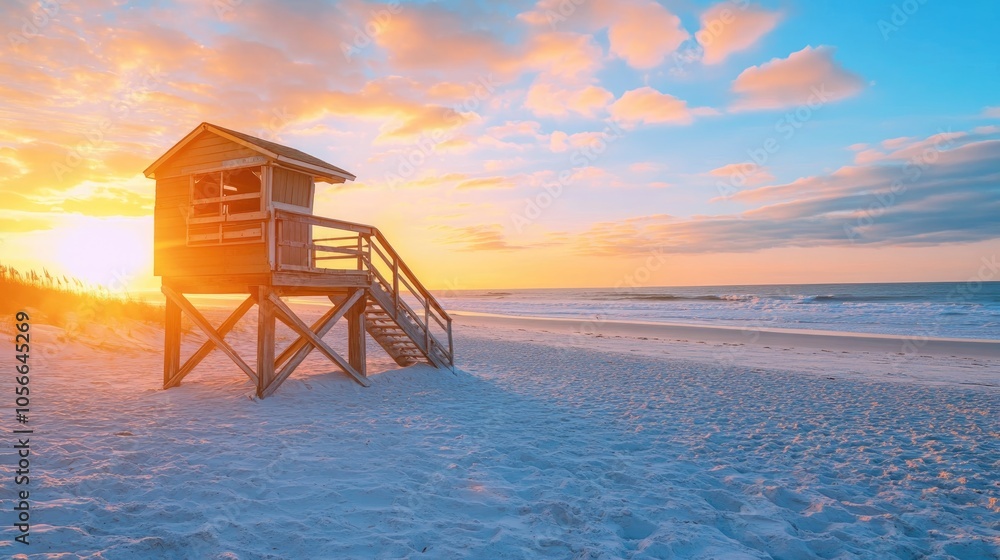 Lifeguard station on a sandy beach during sunrise ensuring safety and security for beachgoers Lifeguard station on a sandy beach during sunrise ensuring safety and security for beachgoers