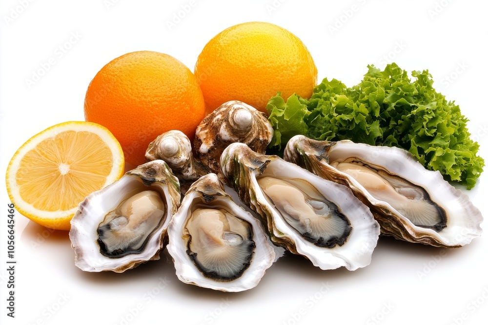 Cinco ostras servidas con rodajas de limón, naranjas y lechuga en un fondo blanco. Presentación colorida y fresca para un plato de mariscos.
Cinco ostras servidas con rodajas de limón, naranjas y lechuga en un fondo blanco. Presentación colorida y fresca para un plato de mariscos.