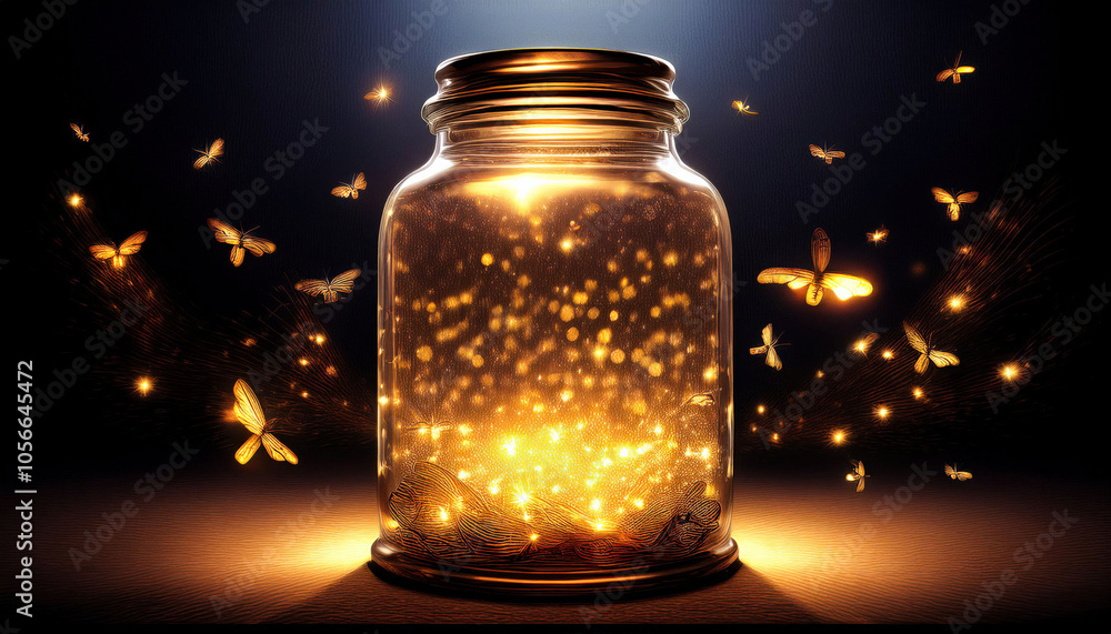 A glass jar filled with glowing fireflies, emitting a soft golden glow from within. The warm light creates a serene and magical atmosphere, capturing the enchanting beauty of the tiny luminous creatur A glass jar filled with glowing fireflies, emitting a soft golden glow from within. The warm light creates a serene and magical atmosphere, capturing the enchanting beauty of the tiny luminous creatur