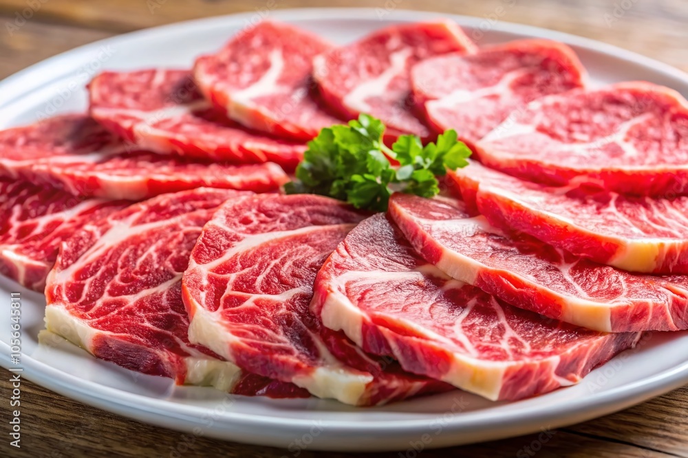 Freshly sliced, raw perfection, the essence of pure protein, showcased on a stark white plate. Freshly sliced, raw perfection, the essence of pure protein, showcased on a stark white plate.