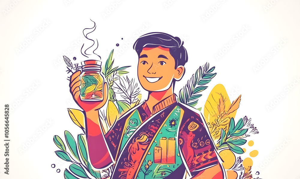 Fototapeta premium Thai Herbal Medicine Experimentation and Extraction Process, Featuring Colorful Traditional Herbs, Laboratory Equipment, and Scientific Analysis