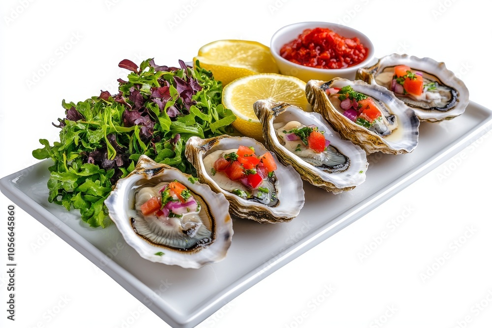 Ostras frescas con hierbas, rodajas de limón y una pequeña salsa sobre un plato blanco. Ideal para una degustación gourmet.
Ostras frescas con hierbas, rodajas de limón y una pequeña salsa sobre un plato blanco. Ideal para una degustación gourmet.