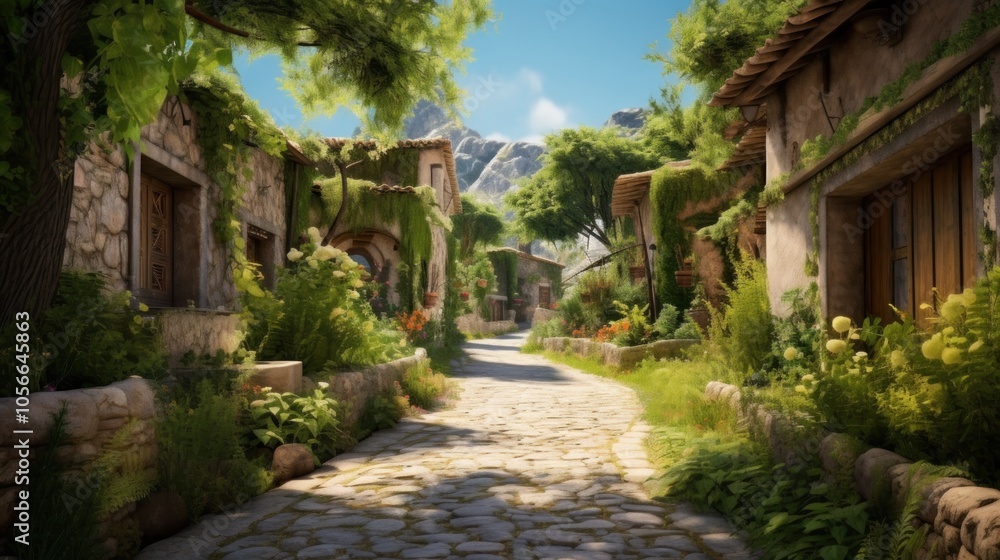 Charming Stone Village with Lush Greenery Charming Stone Village with Lush Greenery