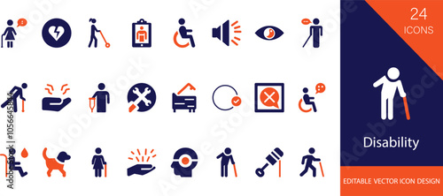 Minimal disability solid icon set featuring accessibility symbols, mobility aids, assistance signs, inclusive design markers, medical support elements