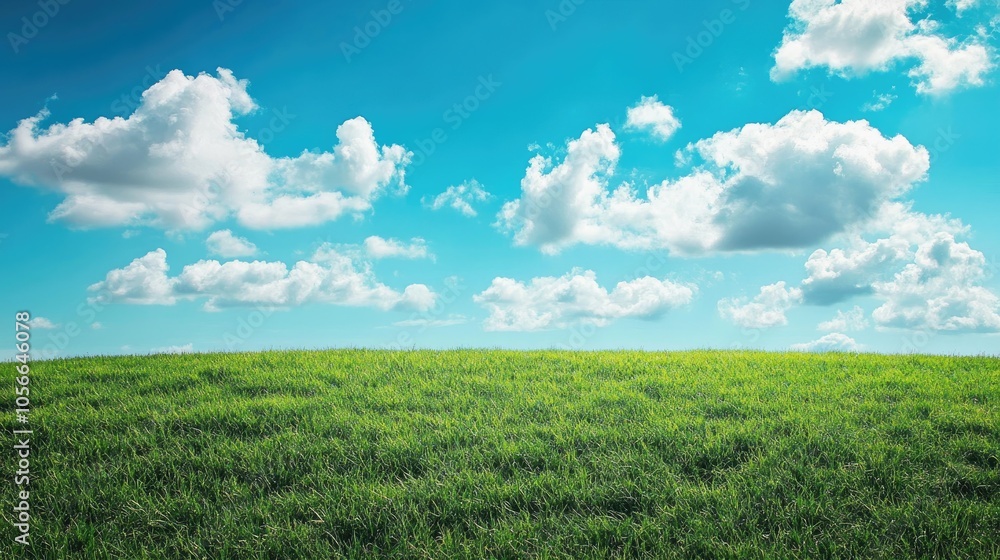 Panoramic nature backdrop featuring a blue sky with white clouds and a lush green meadow ideal for creating a serene atmosphere