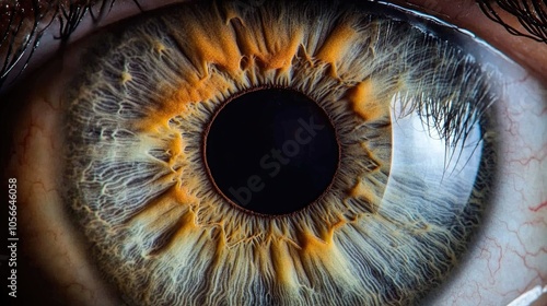 Close up of a human eye showcasing intricate details of a beautiful hazel iris