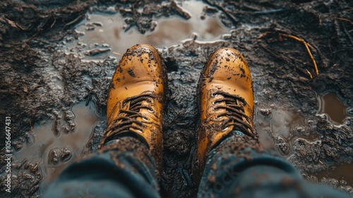 Boots immersed in mud and slush point of view Theme of inclement weather off road conditions and thawed ground