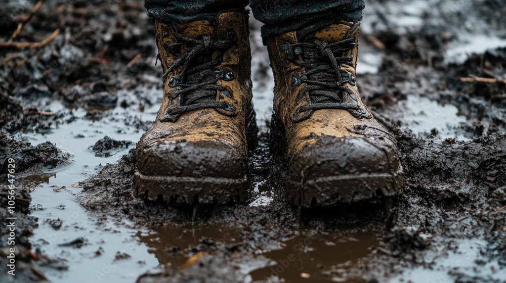 Boots immersed in mud and slush point of view Theme of inclement weather off road conditions and thawed ground Boots immersed in mud and slush point of view Theme of inclement weather off road conditions and thawed ground