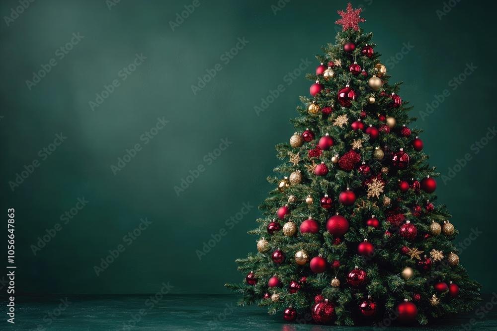 Christmas tree decorated with red and gold ornaments standing in a room with green walls Christmas tree decorated with red and gold ornaments standing in a room with green walls