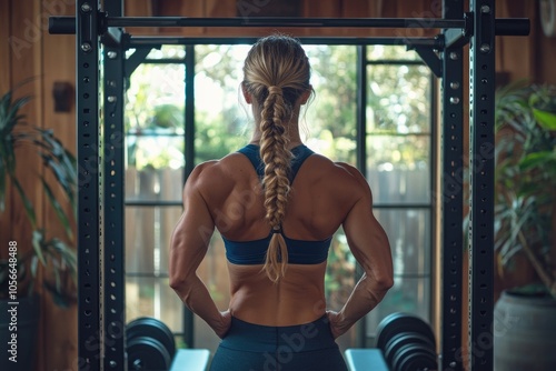 Strong woman showing off her back muscles in a home gym setting photo