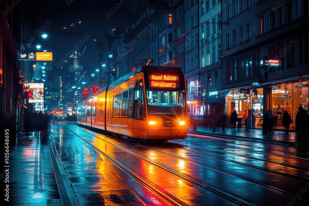 Obraz premium Orange tram passing through wet munich street at night