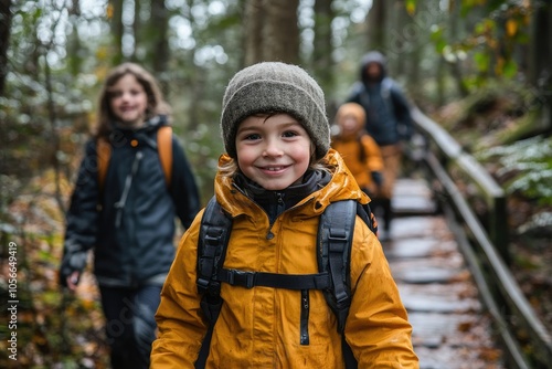 Happy child hiking in forest with family, enjoying outdoor adventure