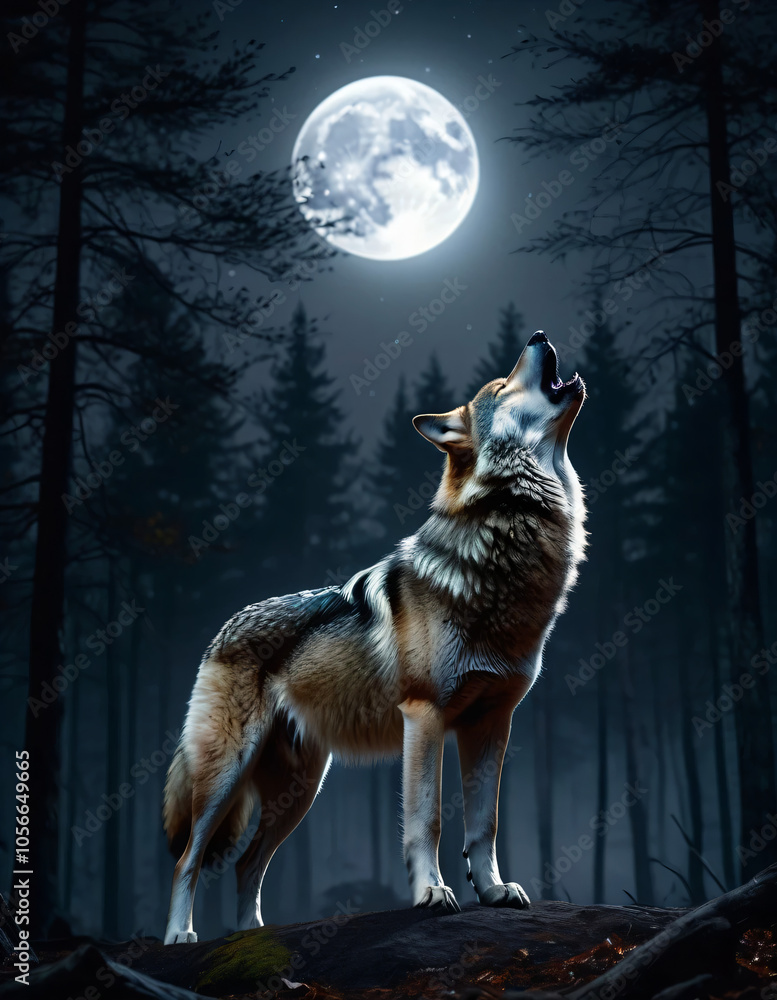 A majestic alpha wolf stands before the full moon and howls in a dense forest. The night is dark and mysterious as the moonlight breaks through the trees and bathes the wolf in a silvery light. A majestic alpha wolf stands before the full moon and howls in a dense forest. The night is dark and mysterious as the moonlight breaks through the trees and bathes the wolf in a silvery light.