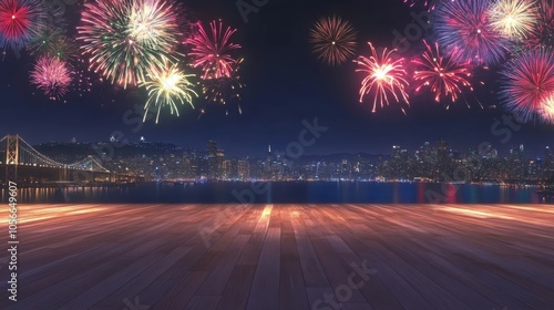 blank wooen floor and colorful fireworks in city in night background