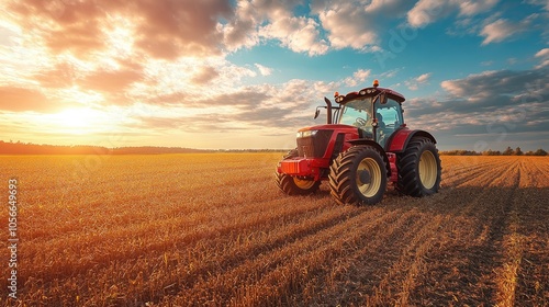 Red tractor working in harvested wheat field at sunset