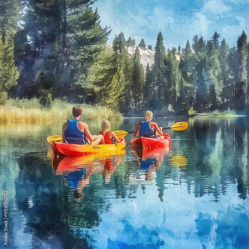 Family kayaking on serene lake surrounded by lush trees and clear blue sky.