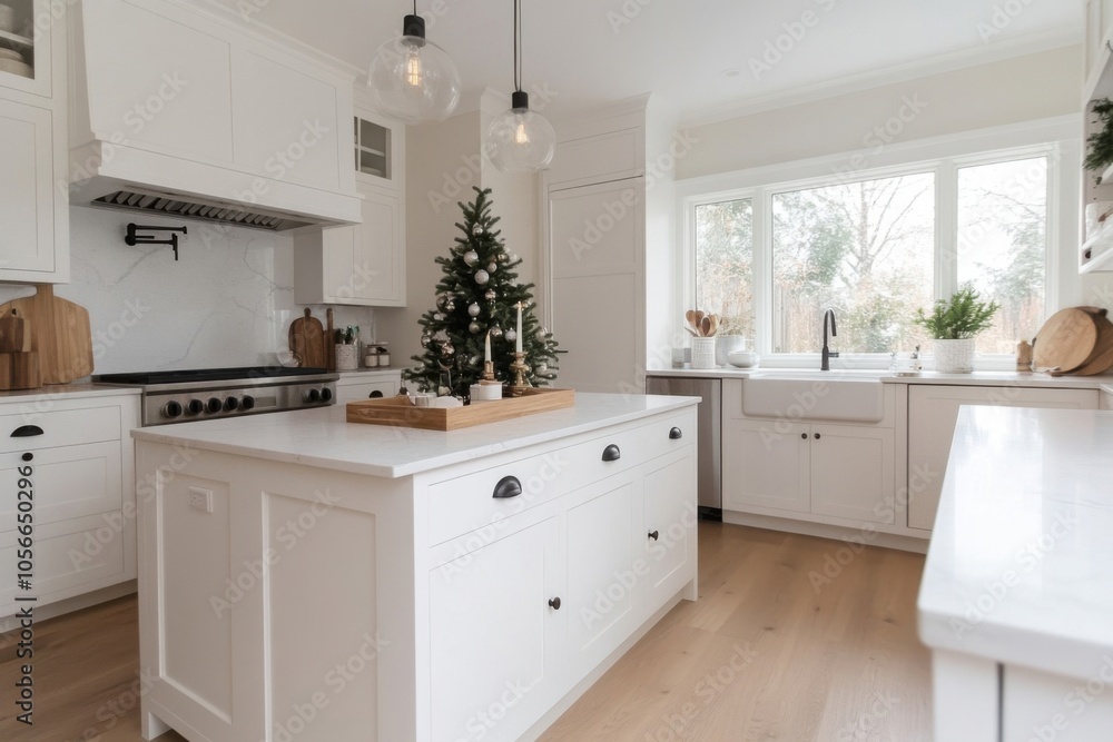 Modern farmhouse kitchen decorated for christmas with small christmas tree on island Modern farmhouse kitchen decorated for christmas with small christmas tree on island