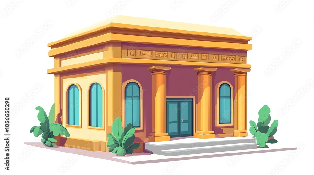 Fototapeta premium Cartoon-style illustration of a bank building on a white background, featuring a whimsical design with bright colors and playful details. 