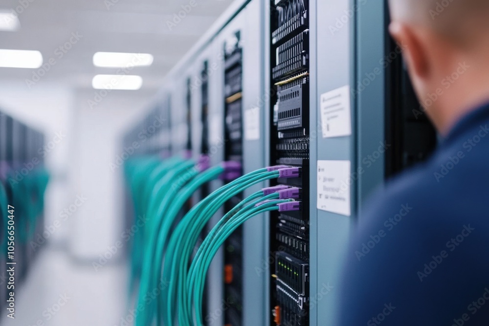 Fototapeta premium Network engineer connecting cables to server rack in data center