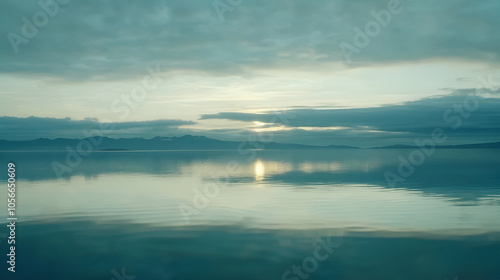 Serene reflections of cloudy skies on water