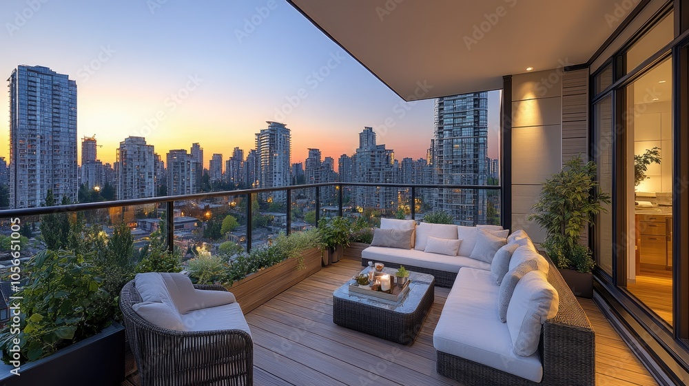 Naklejka premium Modern balcony offering stunning cityscape view during sunset