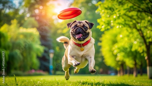 Pug's determined face, chasing a frisbee, owner captures the hilarious moment.