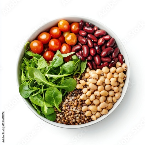 Colorful bowl of fresh vegetables and legumes, white isolate background. flexitarian food concept photo