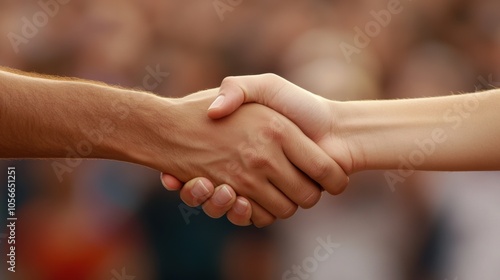 A close-up handshake between two people in a casual setting, symbolizing connection, unity, and mutual trust.