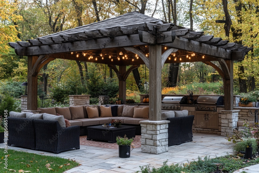 Cozy pergola providing shelter to outdoor living space with string lights illuminating fall evening Cozy pergola providing shelter to outdoor living space with string lights illuminating fall evening