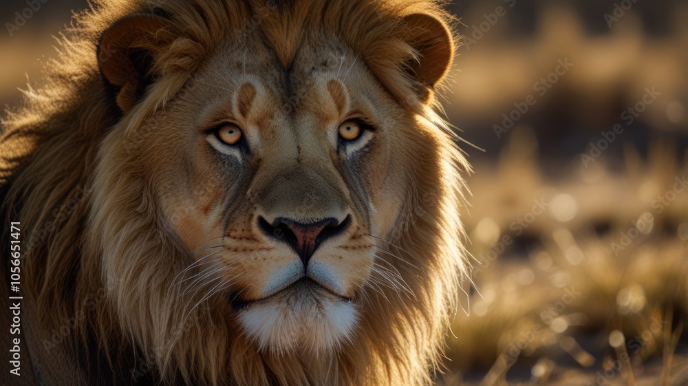 Naklejka premium a lion, its sharp golden eyes and long mane catch the eye. The warm golden light illuminates the lion's face, highlighting its intricate details and strong features.