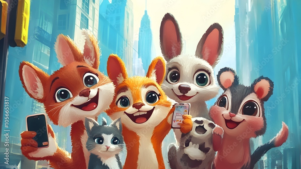 Cute Cartoon Animal Social Media Influencers Posing for Vibrant Selfies in Whimsical Urban Scene Cute Cartoon Animal Social Media Influencers Posing for Vibrant Selfies in Whimsical Urban Scene