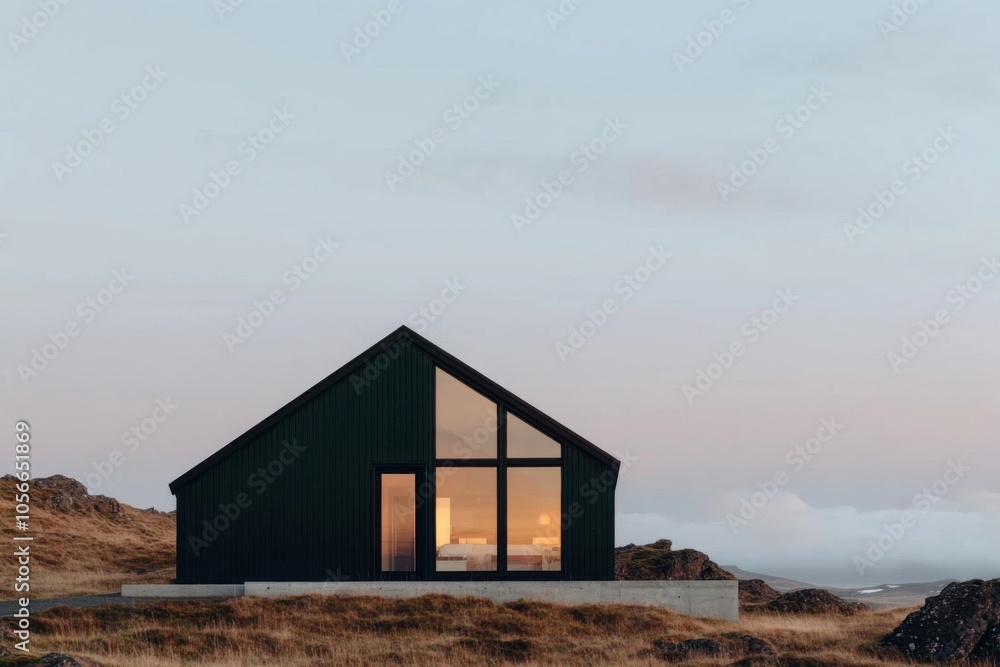 Modern cabin reflecting the sunset light in a desolate landscape Modern cabin reflecting the sunset light in a desolate landscape