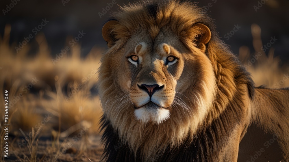 a lion, its sharp golden eyes and long mane catch the eye. The warm golden light illuminates the lion's face, highlighting its intricate details and strong features. a lion, its sharp golden eyes and long mane catch the eye. The warm golden light illuminates the lion's face, highlighting its intricate details and strong features.