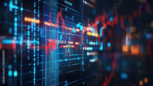 A digital display of fluctuating financial graphs and data charts, representing the stock market, data analytics, and real-time trading.