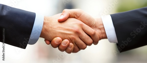 Close-up of two businessmen shaking hands, symbolizing agreement, partnership, and mutual trust in a professional setting.