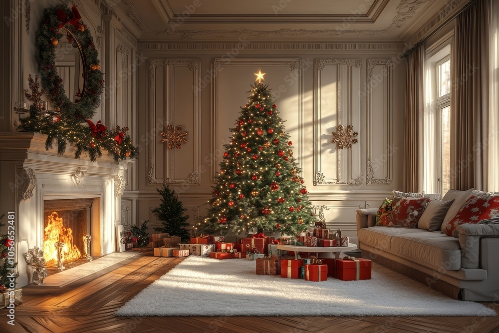 An elegant living room with a Christmas tree adorned with red and green decorations, a white fireplace, a grey sofa, colorful pillows, and presents beneath the tree, creating a cozy ambiance. An elegant living room with a Christmas tree adorned with red and green decorations, a white fireplace, a grey sofa, colorful pillows, and presents beneath the tree, creating a cozy ambiance.