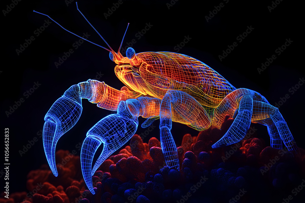 Neon wireframe of a hermit crab on coral reef under moonlight. Neon wireframe of a hermit crab on coral reef under moonlight.