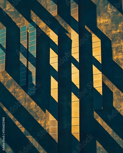 Abstract architectural shot highlighting shadows and reflections on a textured building facade.