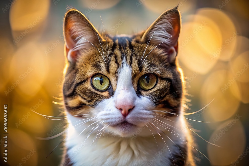 The portrait showcases a domestic cat's beauty, highlighting its striking white and brown markings. The portrait showcases a domestic cat's beauty, highlighting its striking white and brown markings.