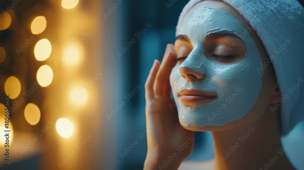 A woman with a face mask enjoying a relaxing skincare routine with warm, ambient lighting. A woman with a face mask enjoying a relaxing skincare routine with warm, ambient lighting.