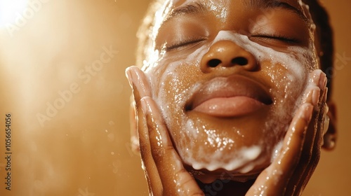 A woman with a peaceful expression washing her face with a foamy cleanser, emphasizing skincare and calmness, with copy space