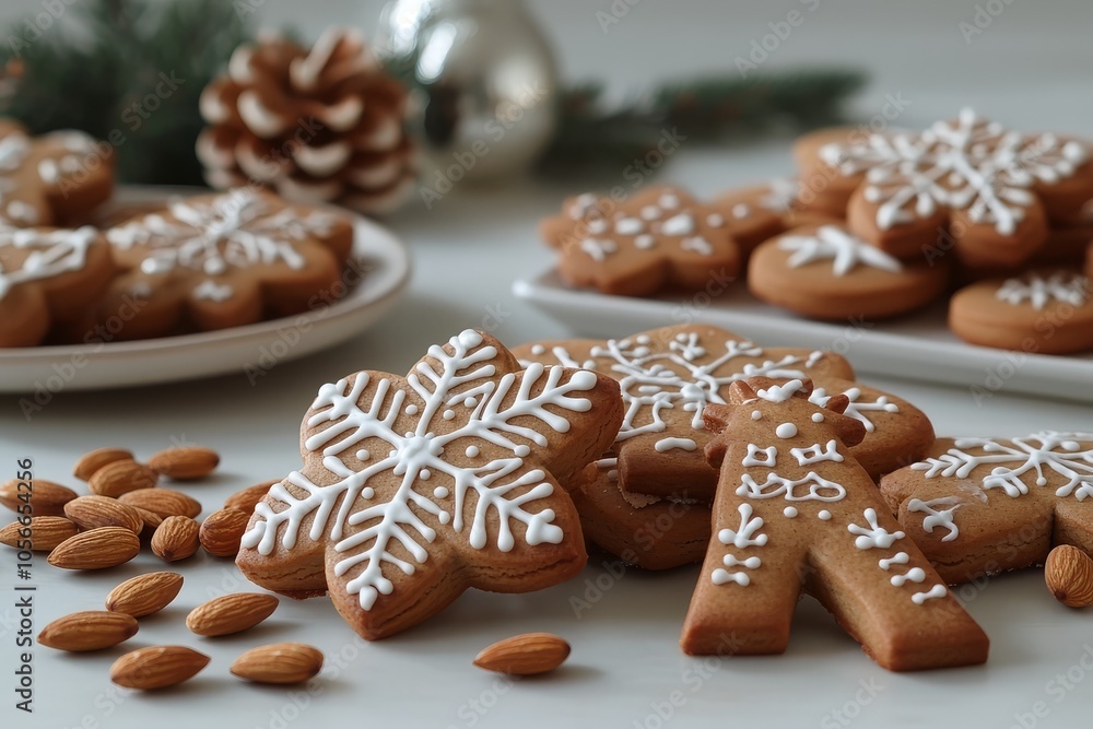 Flat lay of gingerbread cookies shaped like presents, snowflakes, and reindeer on an empty white table, with almond decorations and a plate of Christmas treats, creating a festive atmosphere. Flat lay of gingerbread cookies shaped like presents, snowflakes, and reindeer on an empty white table, with almond decorations and a plate of Christmas treats, creating a festive atmosphere.