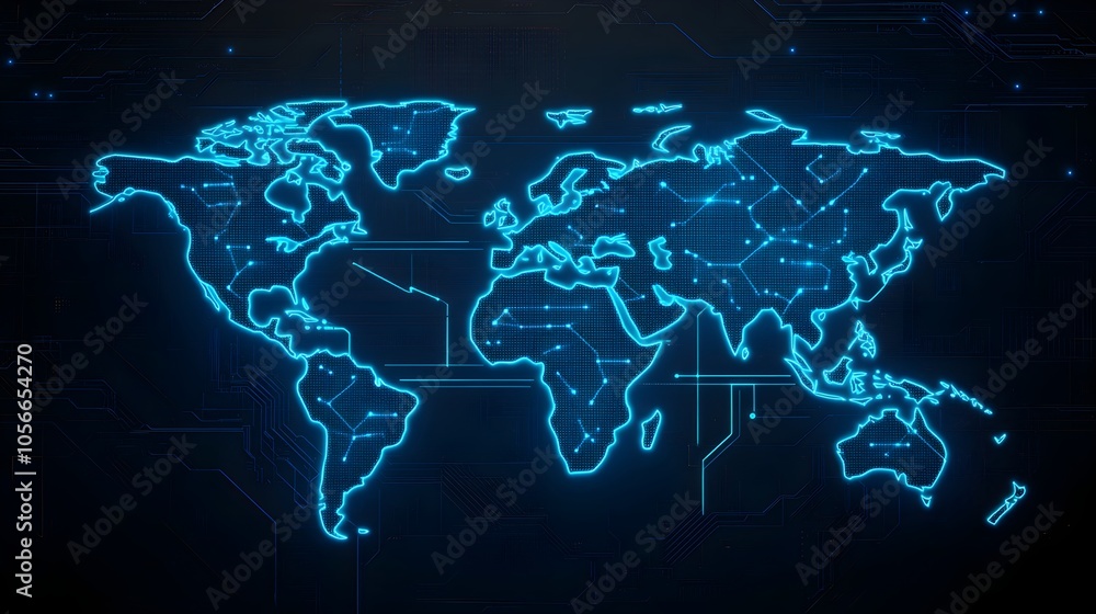 Naklejka premium Digital World Map Circuit Board