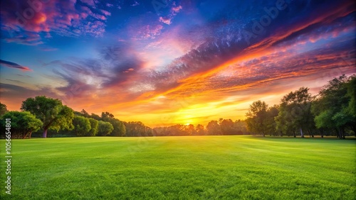 Golden Hour Serenity A Lush Meadow Bathed in the Warm Glow of a Sunset, Silhouetted Trees Framing a Sky Painted with Hues of Pink, Orange, and Yellow