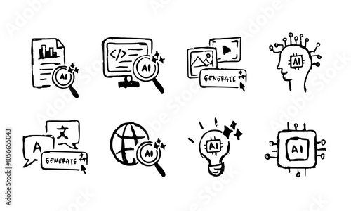 Artificial inteligence icon set collection. Hand drawn doodle of AI technology theme icons pack. Vector scribble illustration of machine learning, generate ai processing illustration concept design.